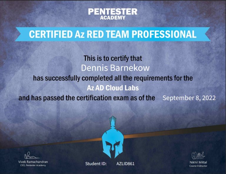 Zertifikat Certified Azure Red Team Professional (CARTP) von Pentester Academy ausgestellt auf Dennis Barnekow