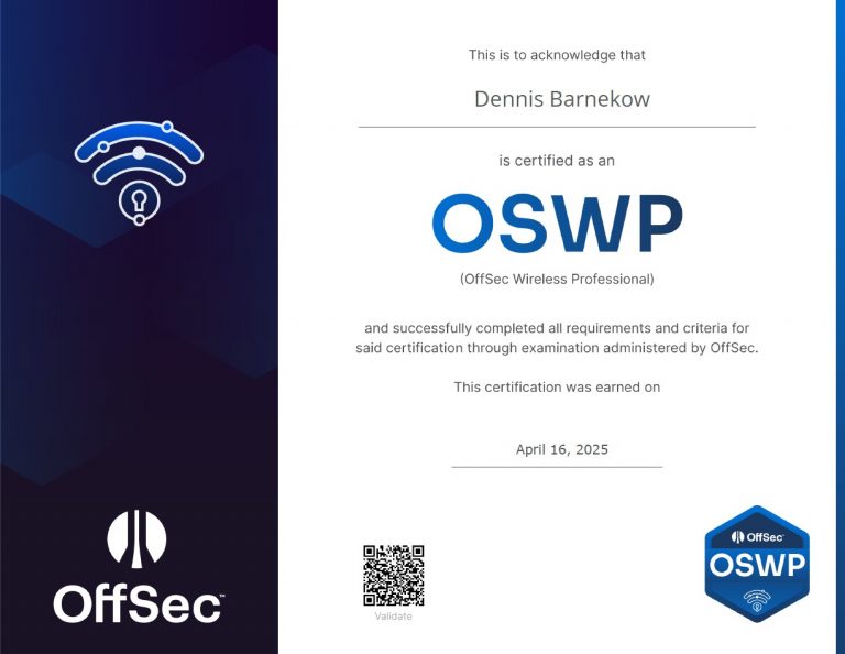 Zertifikat OffSec Wireless Professional (OSWP) von OffSec ausgestellt auf Dennis Barnekow
