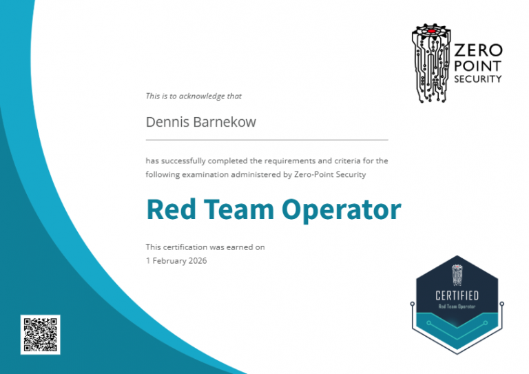 Zertifikat Certified Red Team Operator (CRTO) von Zeropointsecurity ausgestellt auf Dennis Barnekow